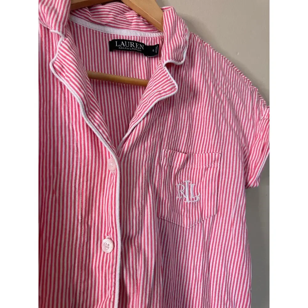 Lauren Ralph Lauren Short Sleeve Notch Collar PJ Set Pink Stripe Small